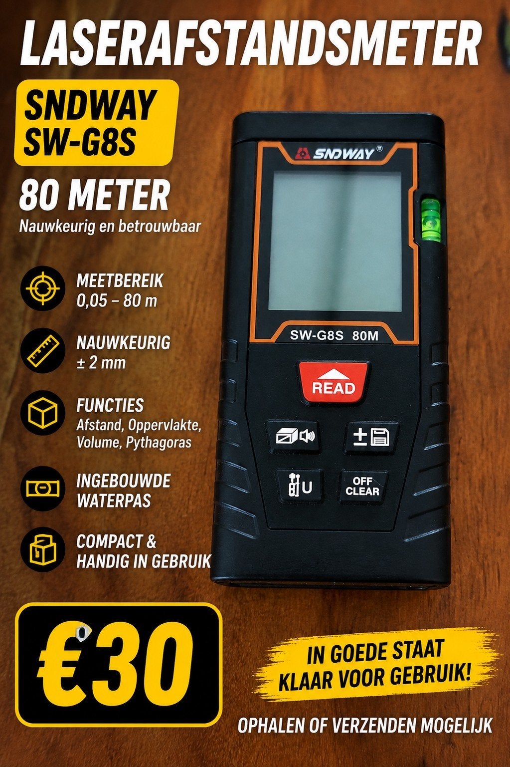 SNDWAY SW-G8S Laserafstandsmeter 80 meter, Ophalen of Verzenden, Zo goed als nieuw