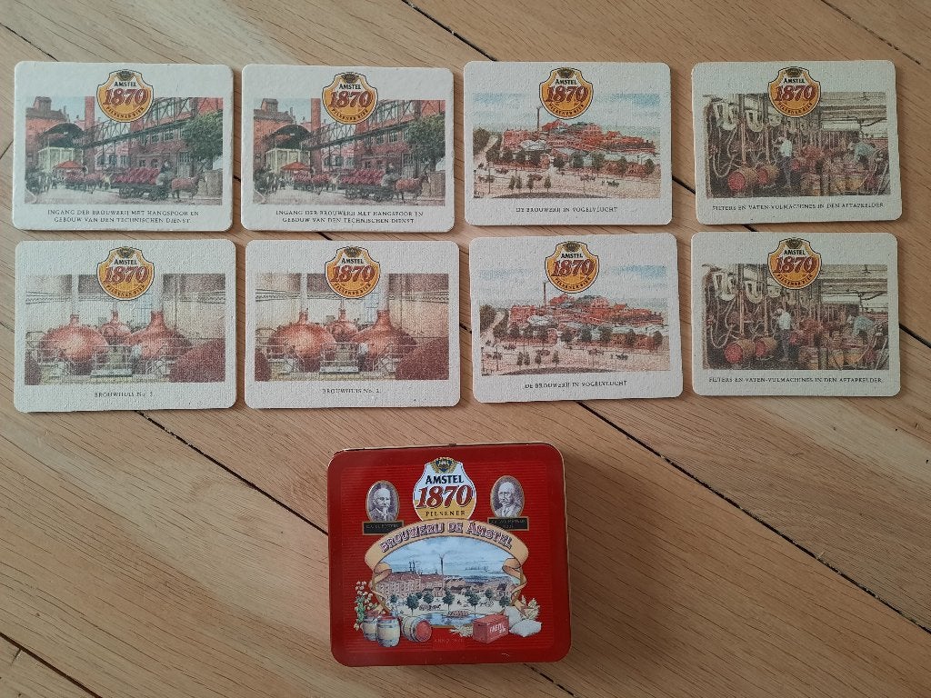 blikken doosje met 8 bierviltjes van merk Amstel 1870, Verzamelen, Biermerken, Ophalen of Verzenden, Gebruikt, Viltje(s), Amstel