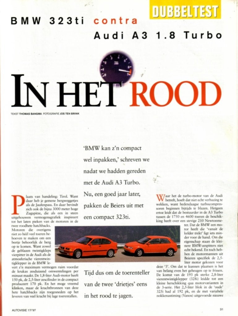 Autovisie dubbeltest Audi A3 1.8 Turbo en BMW 323ti 1997, Ophalen of Verzenden, Gelezen, Audi