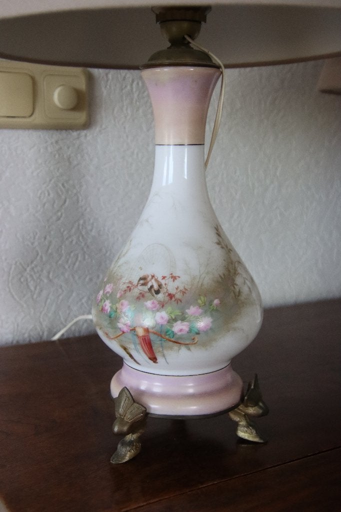 Antieke tafellamp met handgeschilderde vogels en bloemen, Ophalen, Gebruikt, E27 (groot), Glas