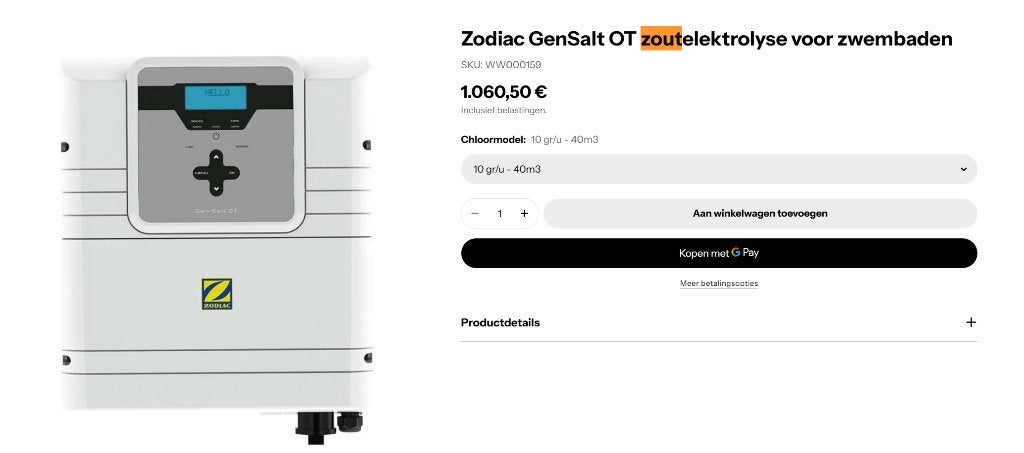 Zodia GenSalt OT zoutchlorinator elektrolyse, Ophalen of Verzenden, Gebruikt, Overige typen