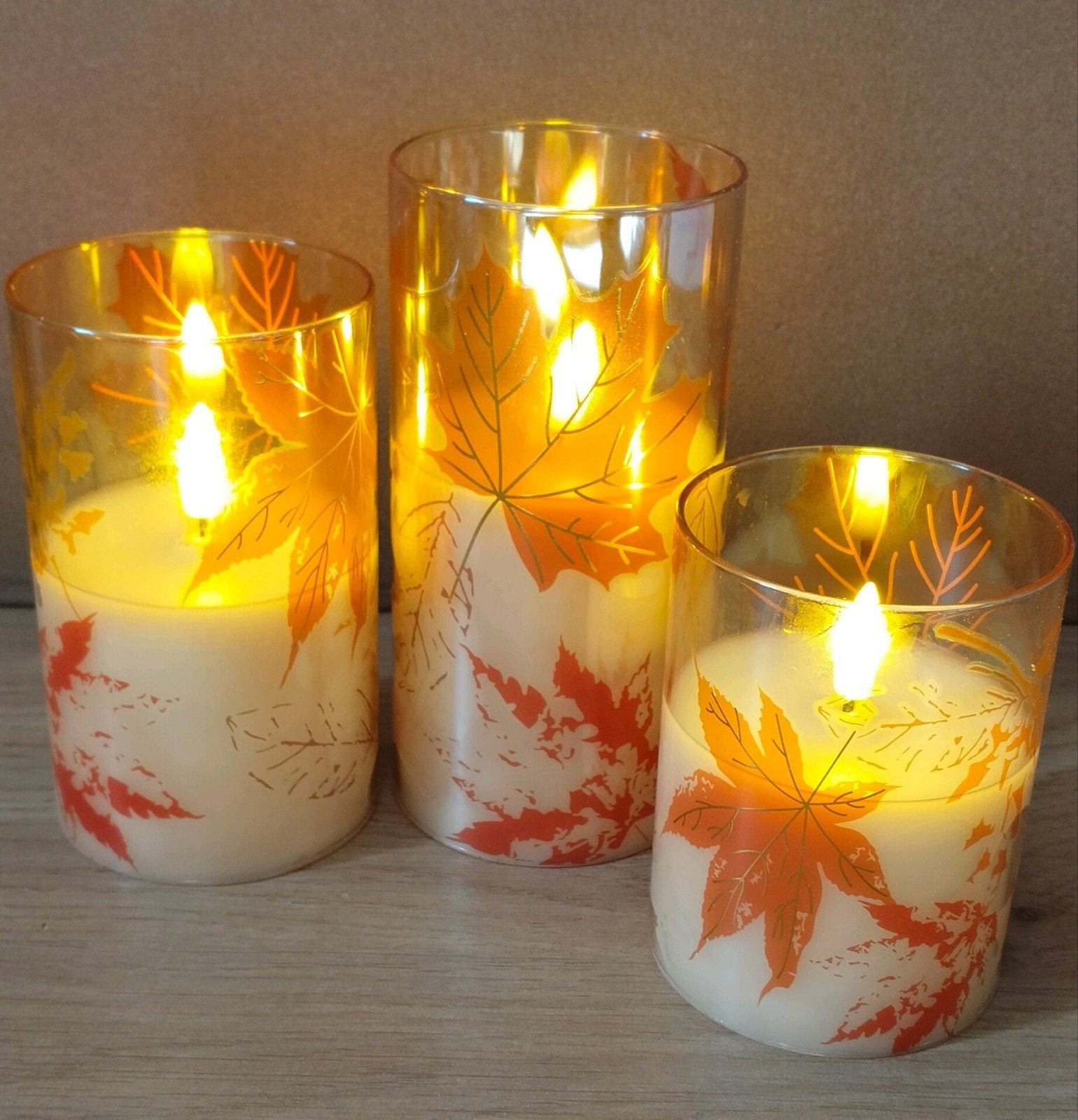 Nieuw Set van 3 LED kaarsen met herfstbladeren goud/oranje, Verzenden, Nieuw, Glas, Kaars