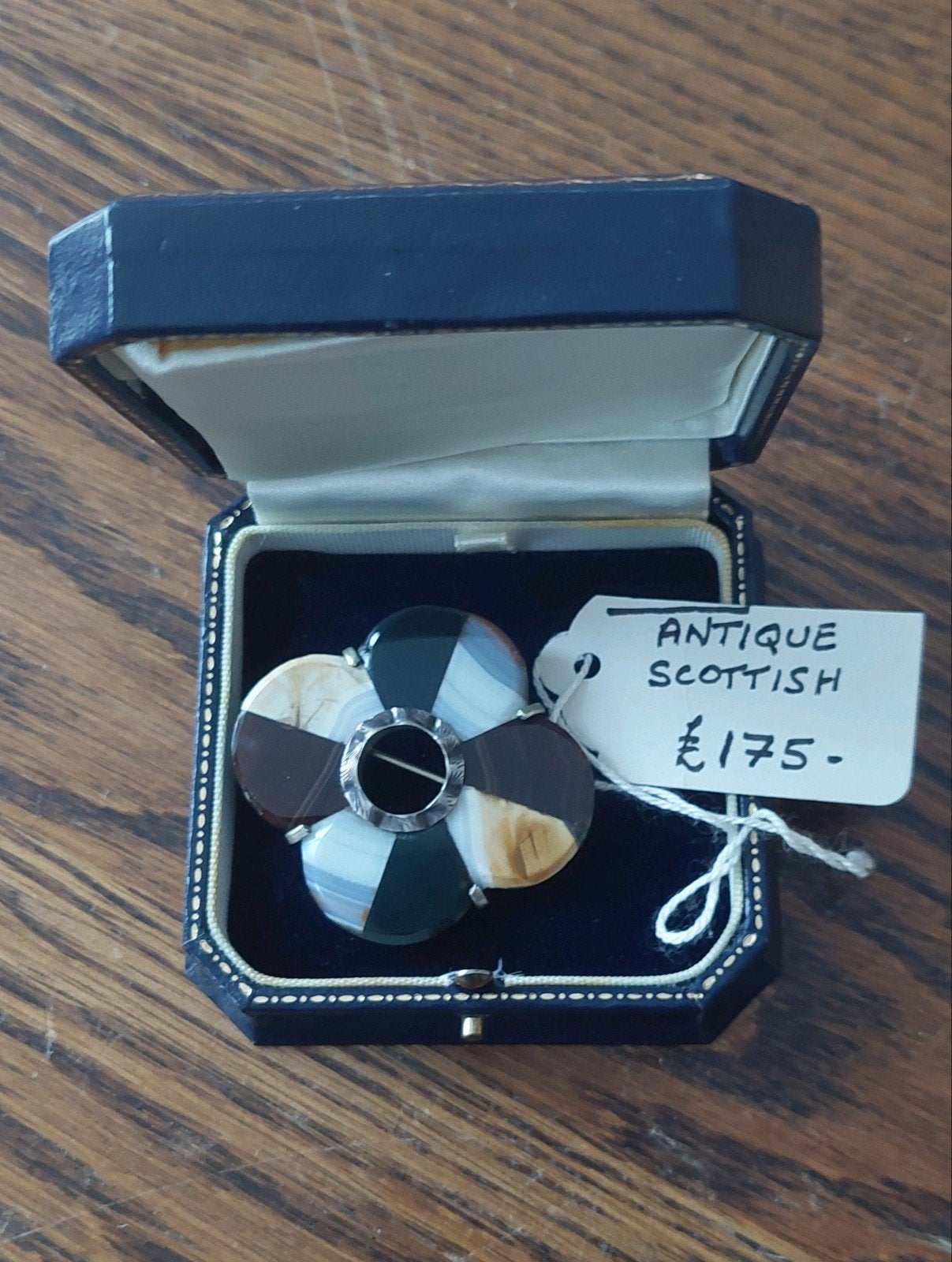 Fraaie antieke Schotse clanbroche in zilver en (mos)agaat, Gebruikt, Minder dan 4 cm, Ophalen of Verzenden, Met edelsteen