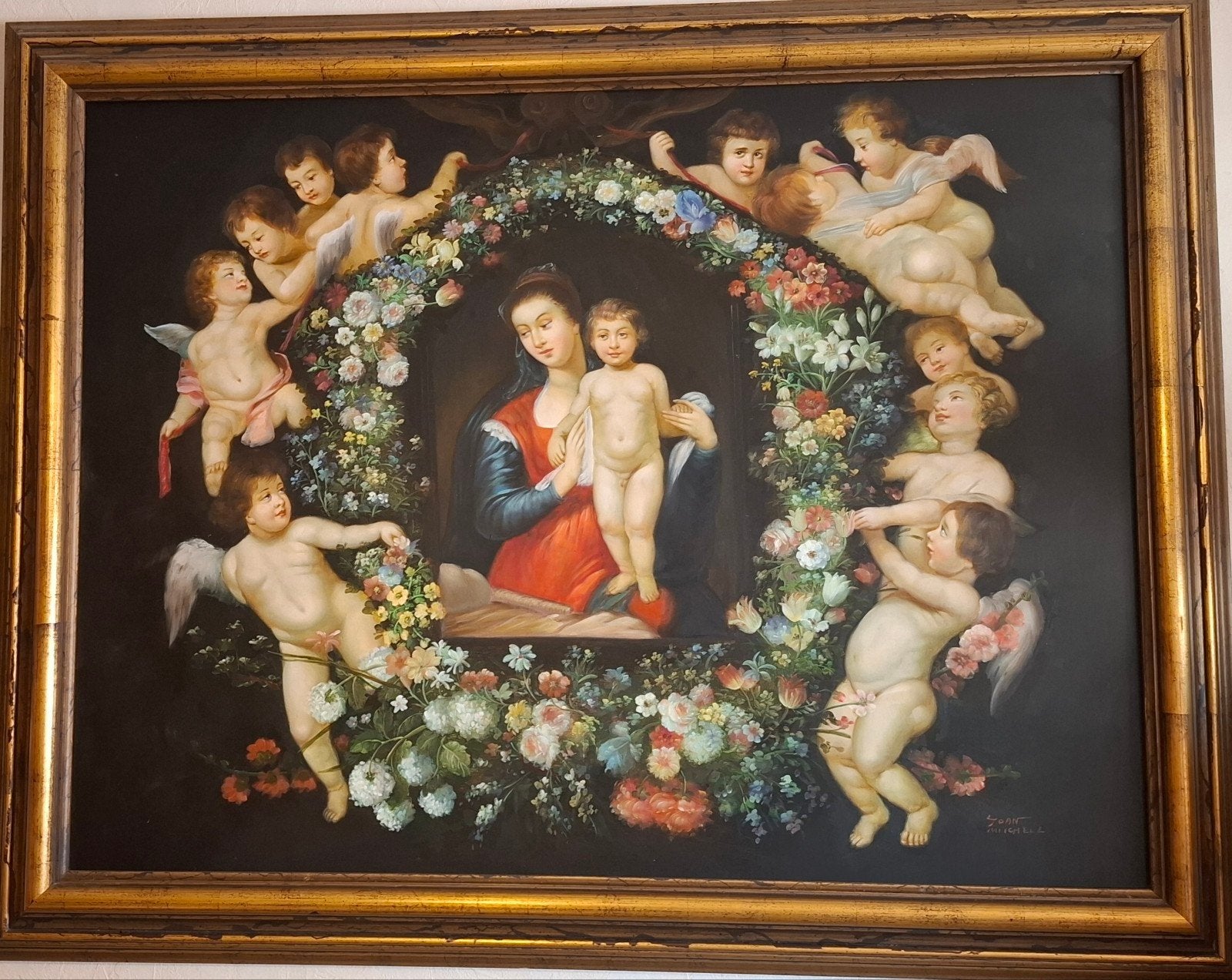 Schilderij 93 x 120cm. Maria en kindje Jezus in bloemenkrans, Ophalen, Handgeschilderd, Doek, Olieverf