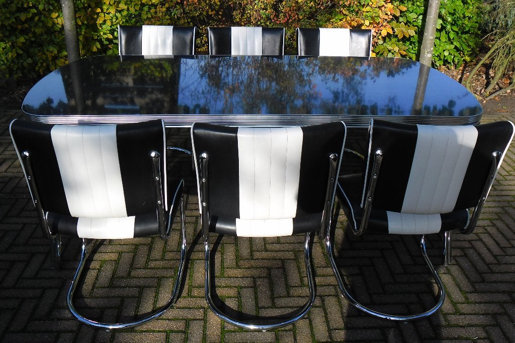 6 Amerikaanse Bel Air stoelen + diner tafel sixties fifties, Huis en Inrichting, Ophalen, Zwart, Zo goed als nieuw, Vijf, Zes of meer stoelen