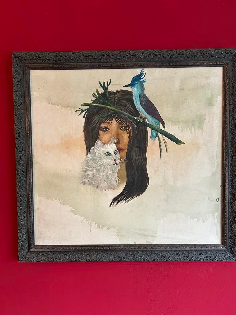 Uniek schilderij: Vrouw, kat en vogel in lijst, Antiek en Kunst, Kunst | Schilderijen | Klassiek, Ophalen of Verzenden