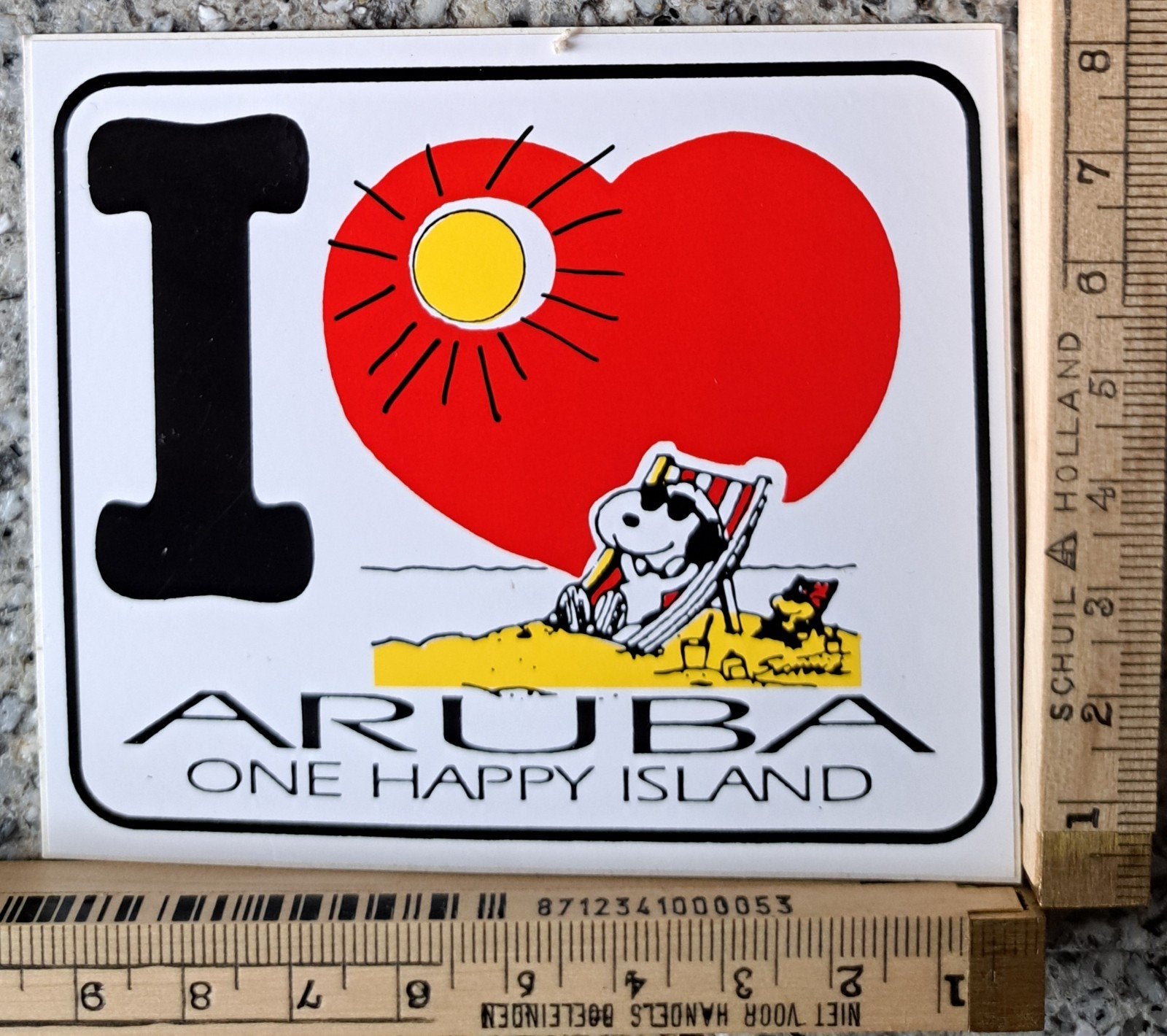 Vintage sticker I️ ️ Aruba I love Aruba Snoopy strip, Ophalen of Verzenden, Zo goed als nieuw, Overige typen