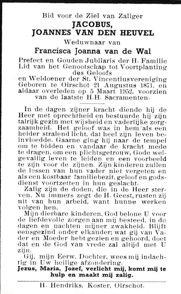 Heuvel Jacobus 1871 Oirschot 1952, Ophalen of Verzenden, Bidprentje