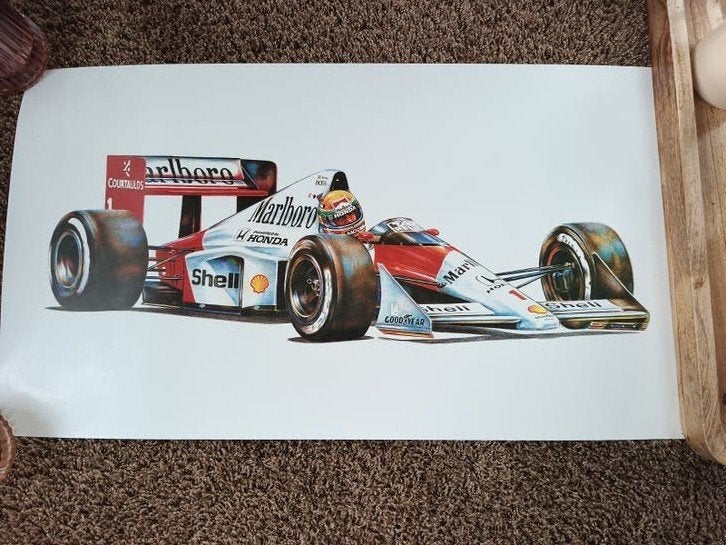 Ayrton Senna in Mc-Claren Honda F1 poster, Gebruikt, Rechthoekig Liggend, Ophalen of Verzenden, Sport