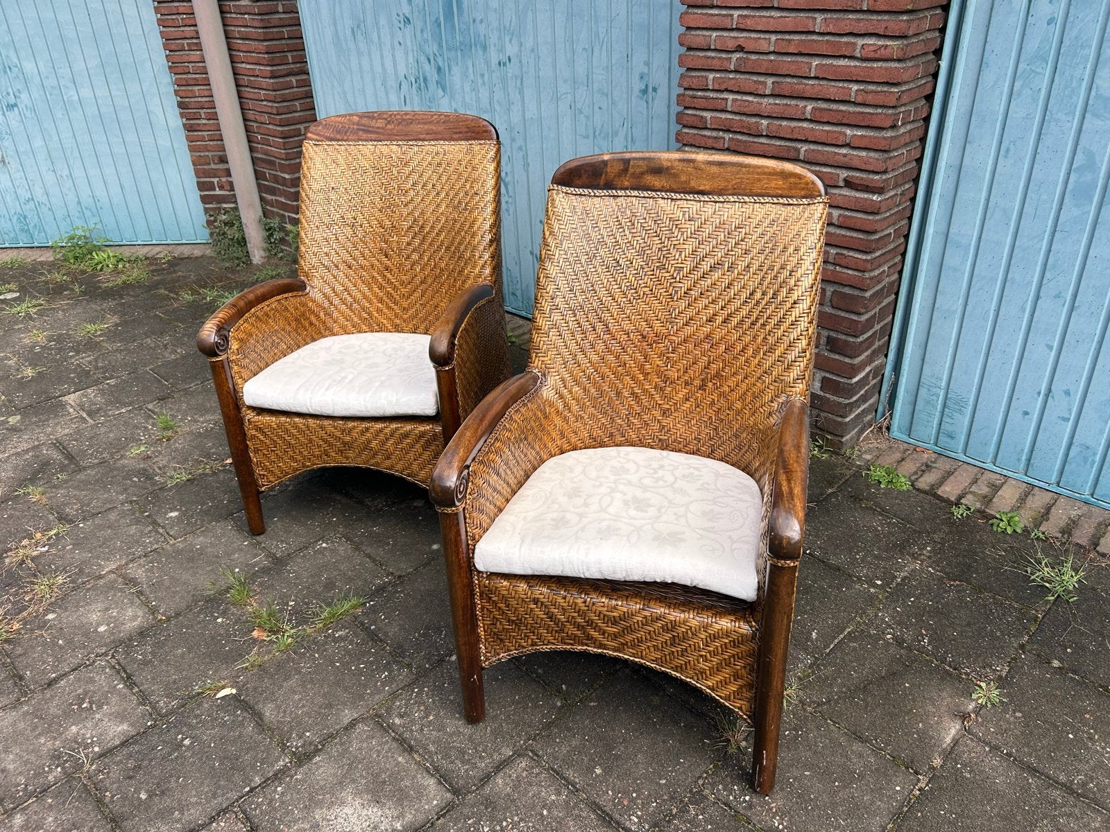 Set van 2 vintage rotan fauteuils met houten armleuningen, Ophalen