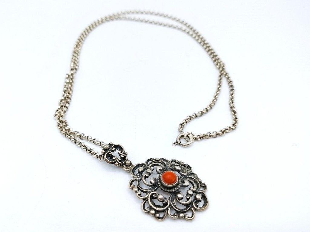 Zilveren jasseron ketting met vintage bloedkoralen hanger, Sieraden, Tassen en Uiterlijk, Info@zilverwebsite.nl, Verzenden, Zo goed als nieuw