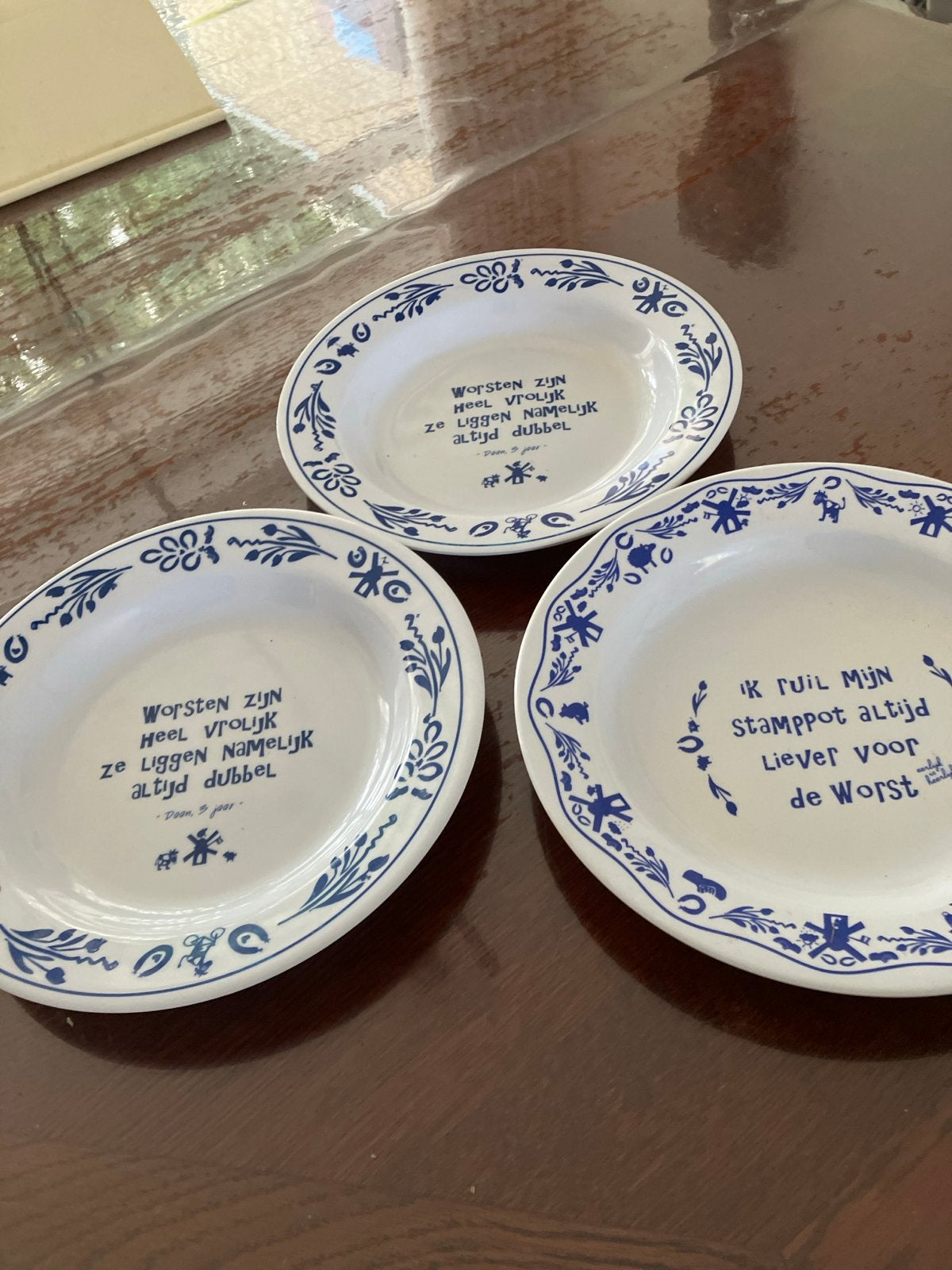 3 Unox Kinder Stamppot Bordjes met Delftsblauwe Rand, Kunststof, Gebruikt, Overige merken, Ophalen of Verzenden