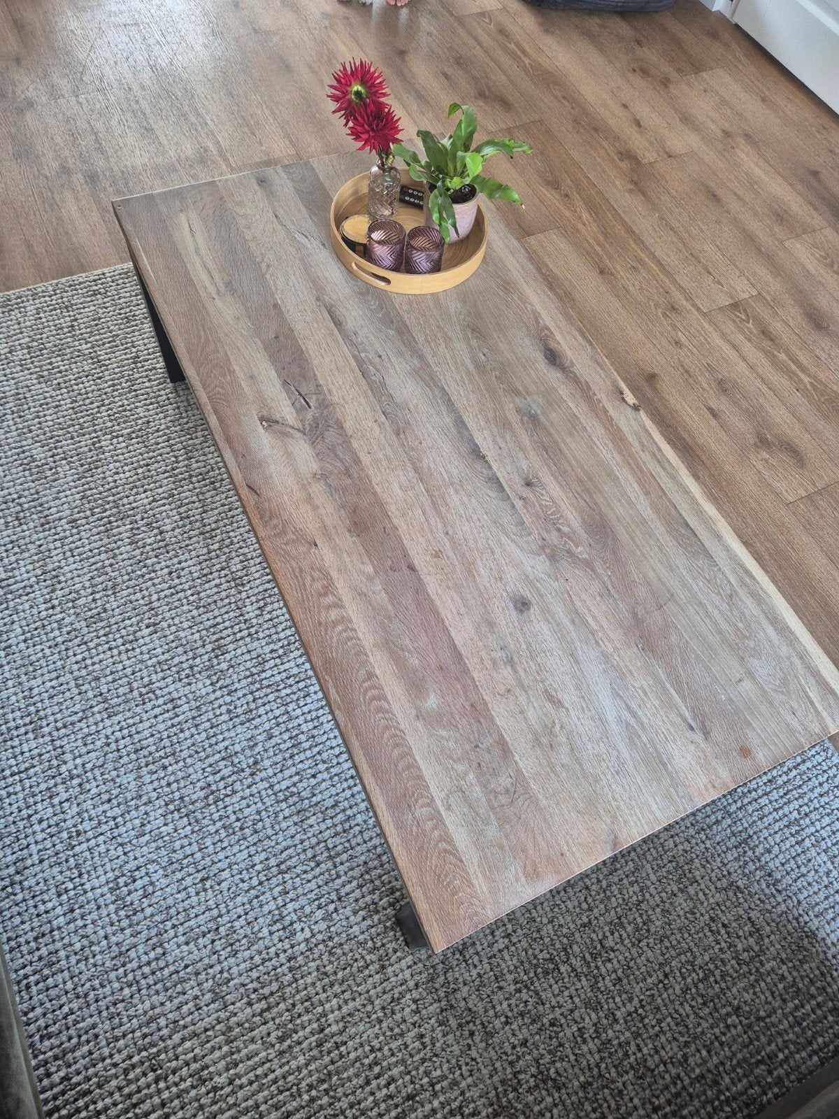 Salontafel met houten blad en stalen frame 140x70x45, Ophalen, Gebruikt, 100 tot 150 cm, 50 tot 100 cm