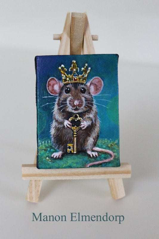 Handgeschilderd Muizen Schilderijtje : The Key to Happiness, Ophalen of Verzenden, Gesigneerd, Acrylverf, Dieren