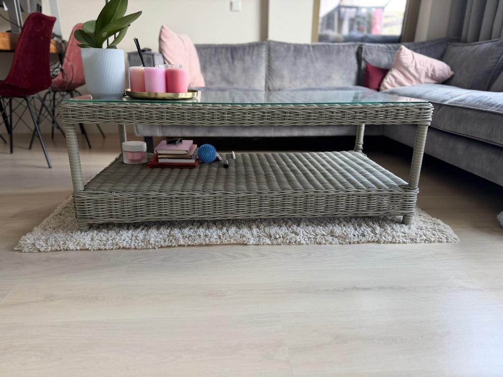 [INBOEDEL TE KOOP] Salontafel met glazen blad, Huis en Inrichting, Ophalen, Gebruikt, 50 tot 75 cm, Rechthoekig