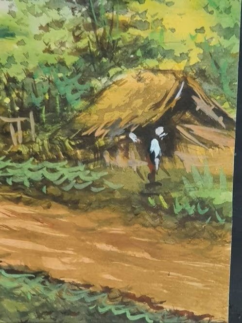 Indonesie op papier mensen hut vuurboom vulkaan gesigneerd, Ophalen