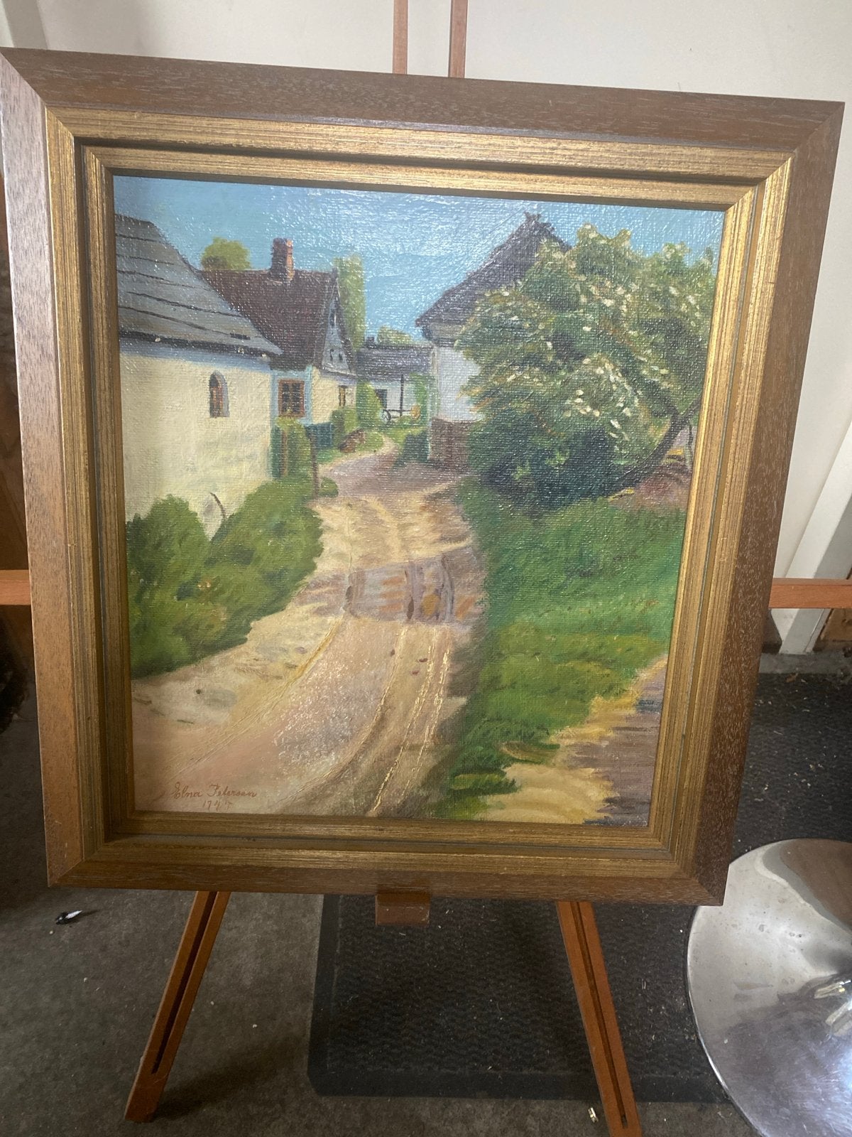 Olieverfschilderij Elna Petersen 1945 - Dorpsgezicht 56X51, Gedateerd, Doek, Realistisch, Ophalen of Verzenden