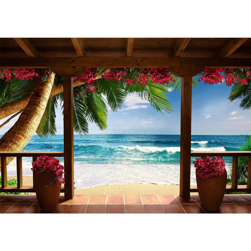 124 Blauwe Zee Paradijs Vlies Fotobehang 350x250 in 3 maten, Huis en Inrichting, Stoffering | Behang, Ophalen of Verzenden, Minder dan 10 m²