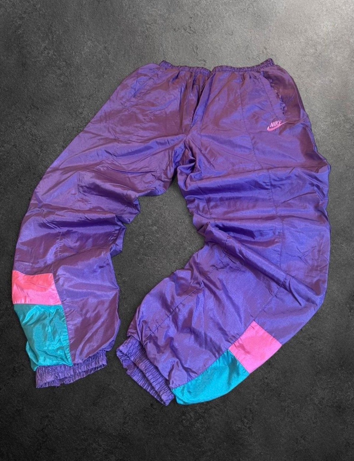 Vintage Nike 90s Track Pants Paars Teal Roze Windbreaker Jog, Paars, Maat 42/44 (L), Ophalen of Verzenden, Lang