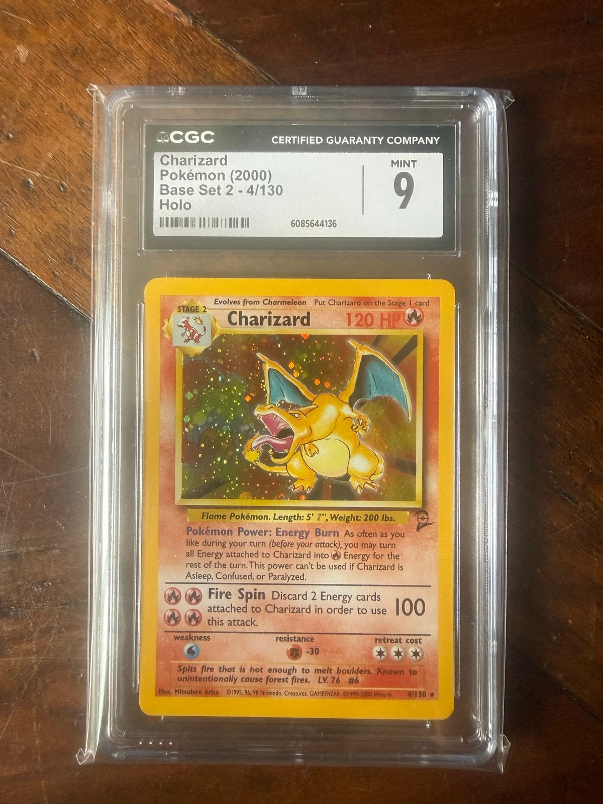 Charizard Pokémon (2000) Base Set 2 - 4/130 Holo CGC 9, Ophalen of Verzenden, Zo goed als nieuw, Losse kaart, Foil