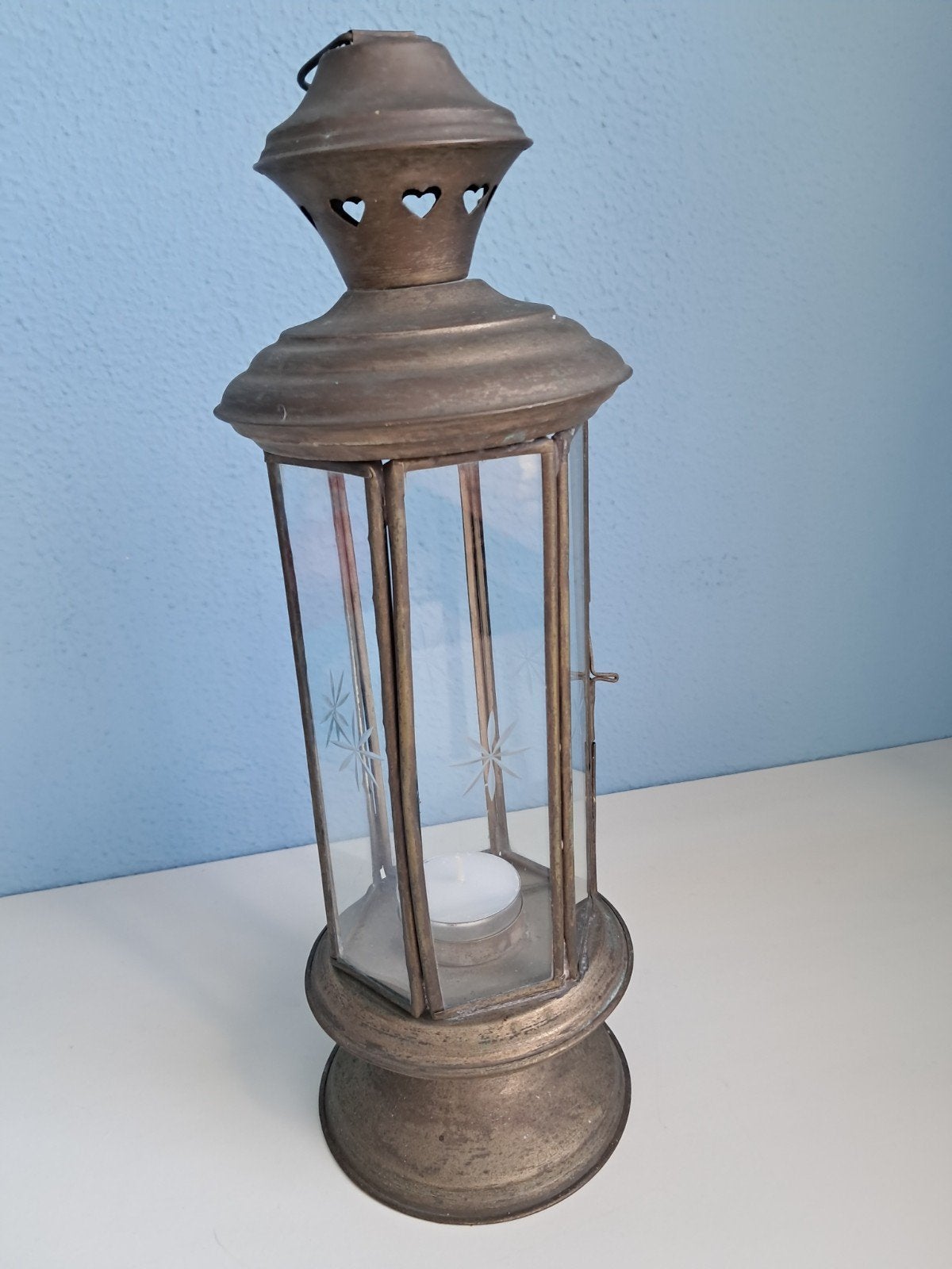 Vintage messing lantaarn met gefreesd of geslepen glas ., Ophalen of Verzenden
