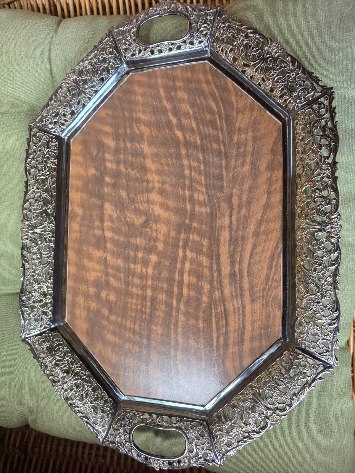 Brocante dienblad filigraan rand, Huis en Inrichting, Woonaccessoires | Dienbladen, Ophalen, Rechthoekig, Hout