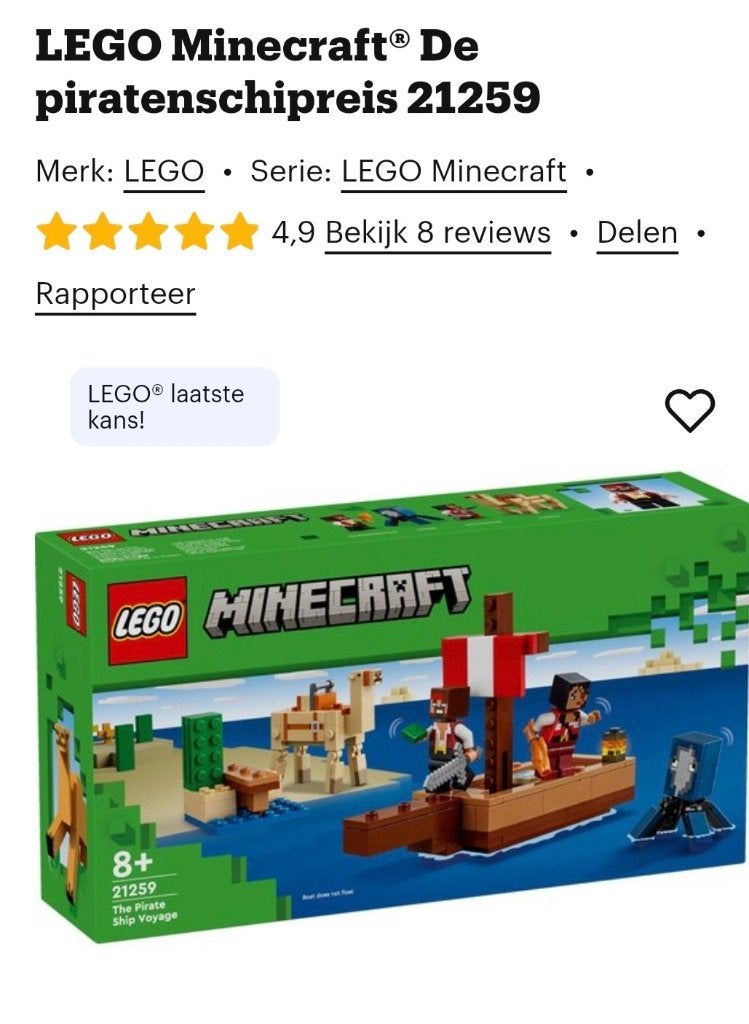 Lego minecraft de piratenschipreis 21259, Gebruikt, Minecraft, Lego, Ophalen of Verzenden