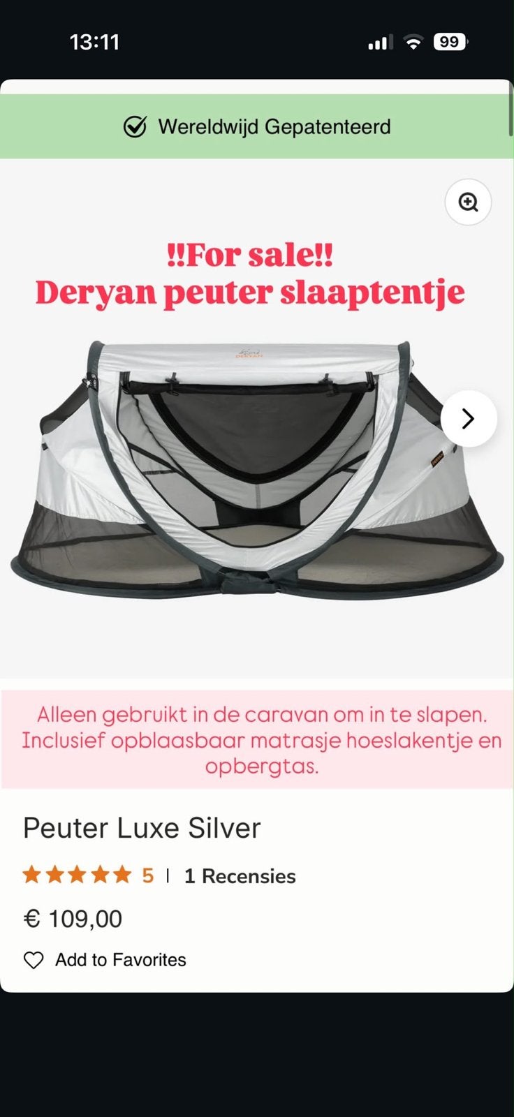 Deryan Peuter Luxe Silver Slaaptentje, Ophalen of Verzenden, Zo goed als nieuw