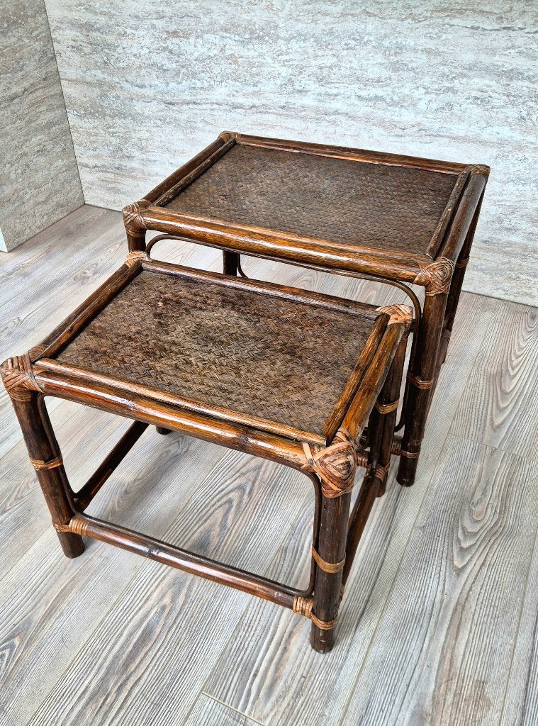 Vintage rotan bijzettafels - set van 2, Antiek en Kunst, Ophalen