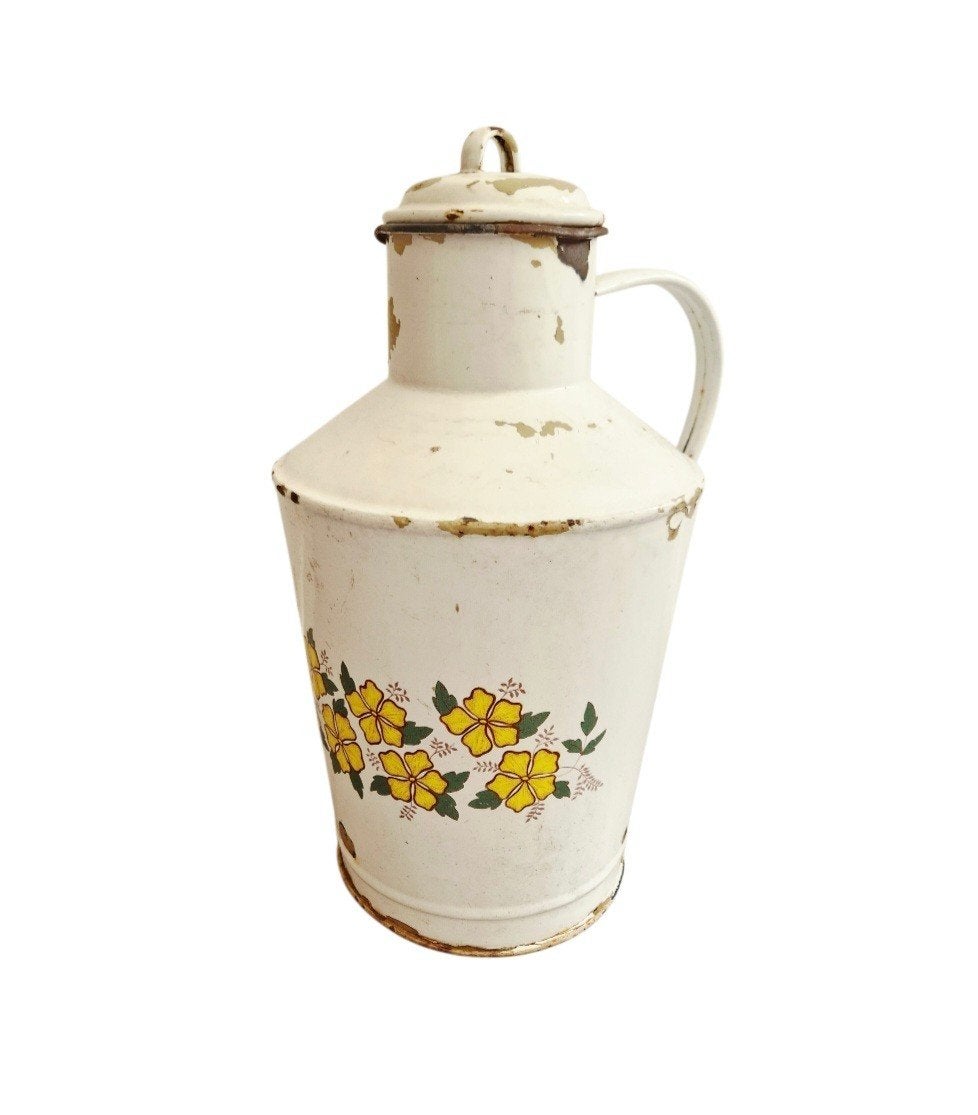 Antieke emaille kan met bloemen emaille melkbus bus kan, Ophalen of Verzenden