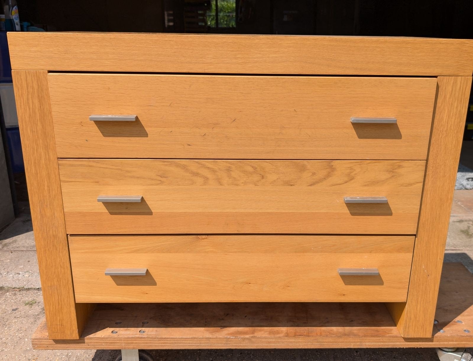 Houten ladekast met 3 laden - inktvlek bovenzijde, Ophalen, Gebruikt, 100 tot 150 cm, 3 of 4 laden