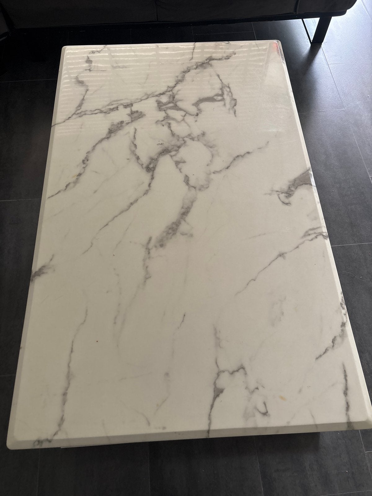 Salontafel met Marmerlook Blad en Chroom Onderstel, Ophalen, Gebruikt, 100 tot 150 cm, 50 tot 75 cm