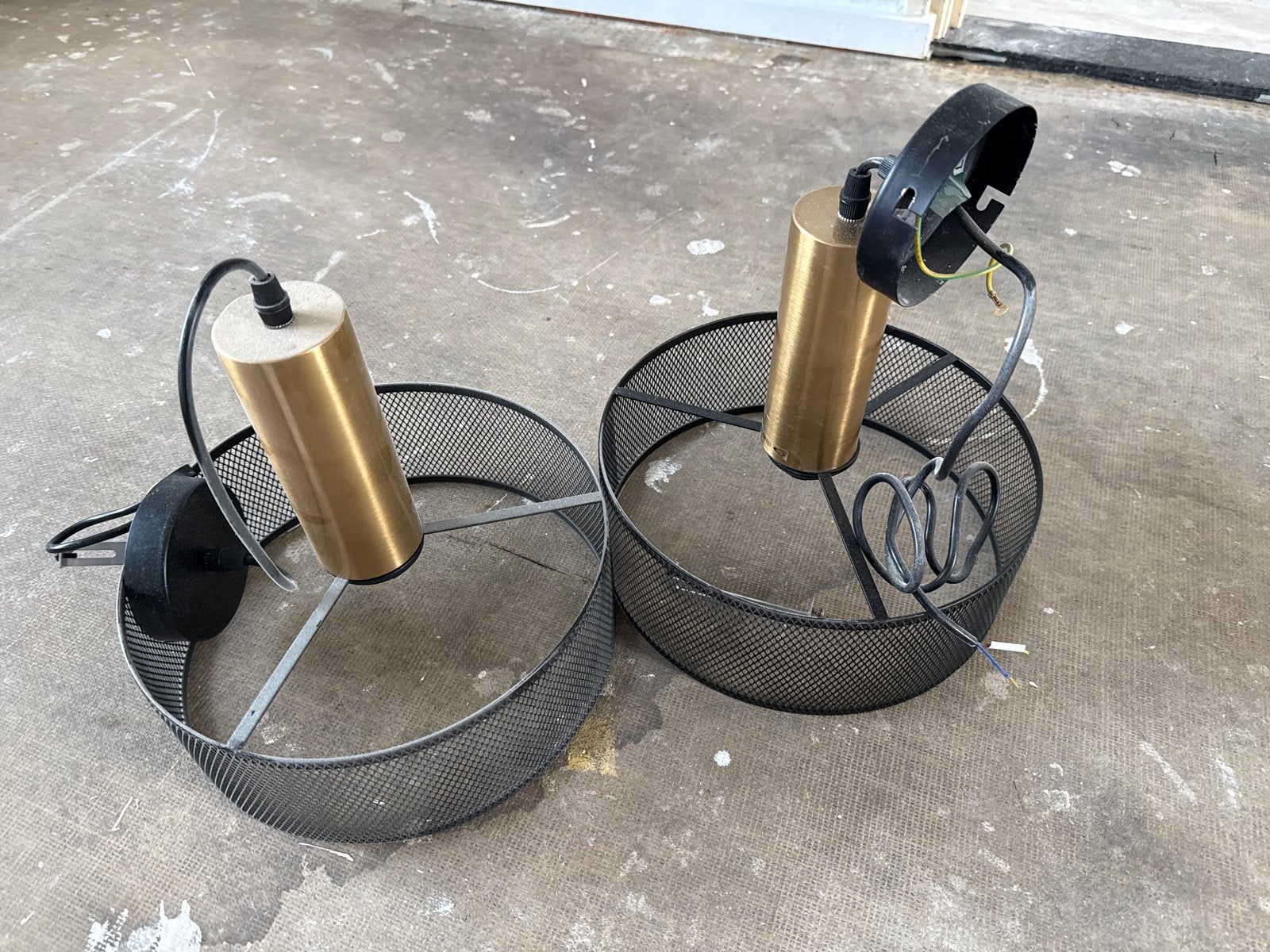 Set van 2 industriële hanglampen - zwart/goud, Ophalen, Gebruikt, Metaal, E27 (groot)