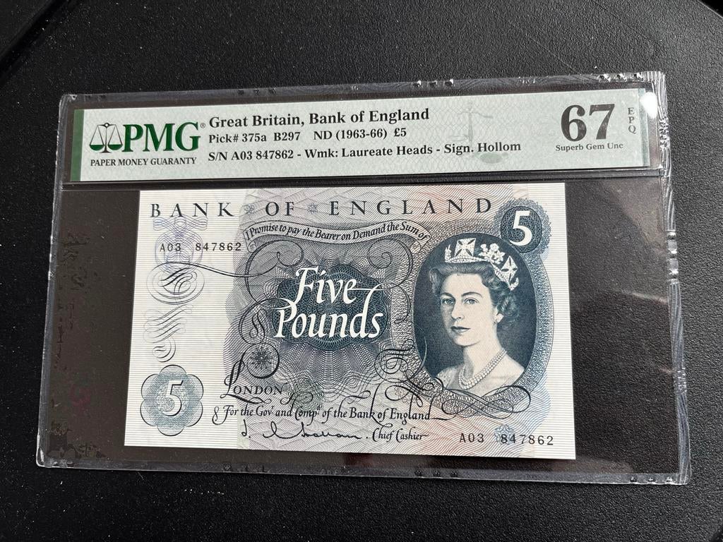 5 Pond biljet Engeland 1963-66 PMG 67 Superb Gem Unc, Postzegels en Munten, Ophalen of Verzenden, Overige landen, Los biljet