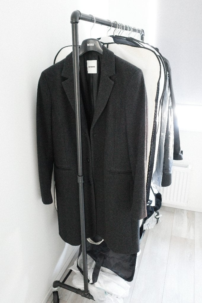 Sandro Paris wool coat / overcoat dark grey melange size XL, Kleding | Heren, Maat 56/58 (XL), Ophalen of Verzenden, Zo goed als nieuw