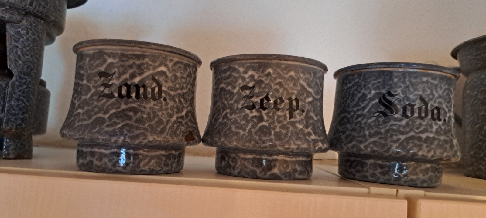 Vintage Keukenbussen Set - Zand, Zeep, Soda, Ophalen