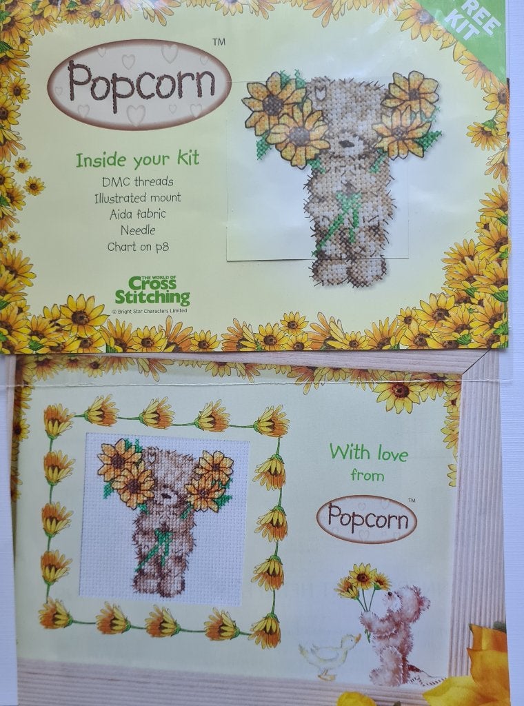 Popcorn beertje met 4 zonnebloemen borduurpakketje, Ophalen, Nieuw, Handborduren, Borduurpakket