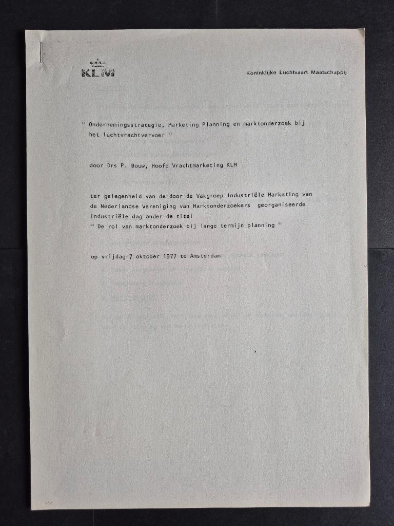 Marketingplan van de KLM uit 1977 (K1208), Ophalen of Verzenden, Gebruikt, Boek of Tijdschrift