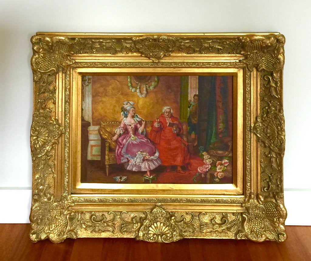 Boudoir tafereel, olieverf schilderij in bladgoud lijst, Antiek en Kunst, Ophalen