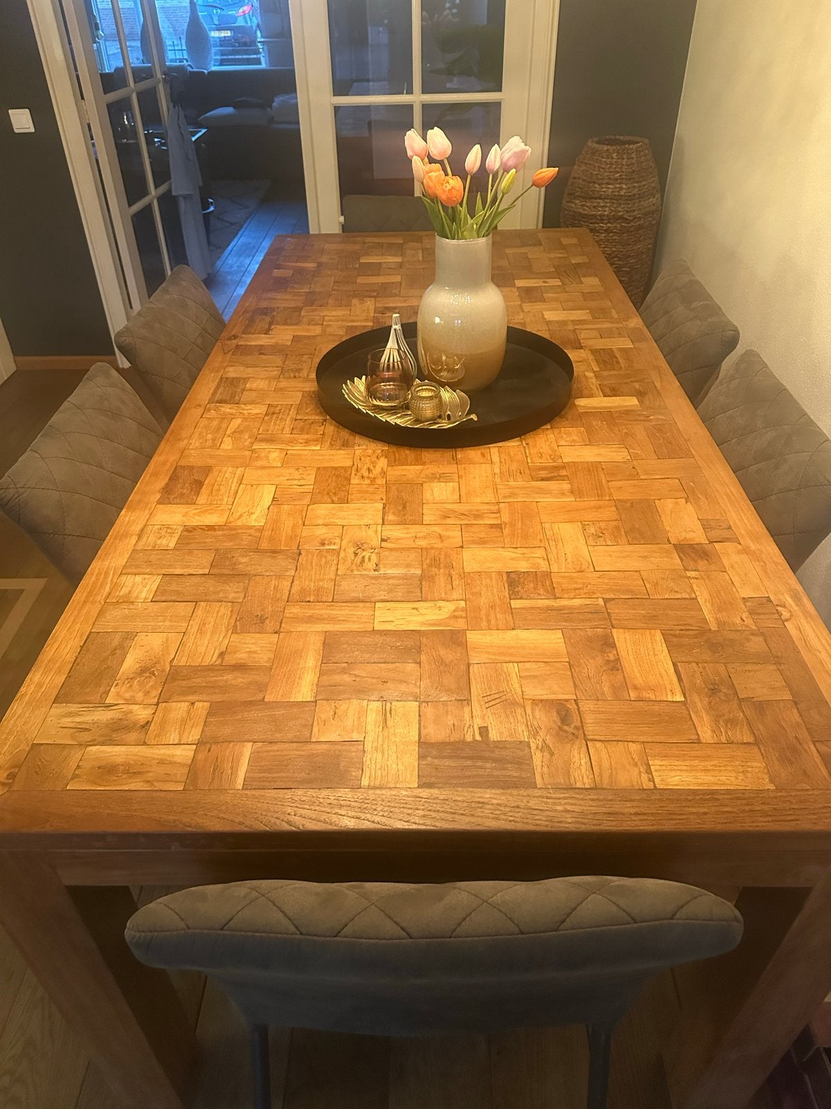 Houten eettafel, robuust, 100x220 cm - Mozaïek blad, Ophalen, Gebruikt, 200 cm of meer, 50 tot 100 cm