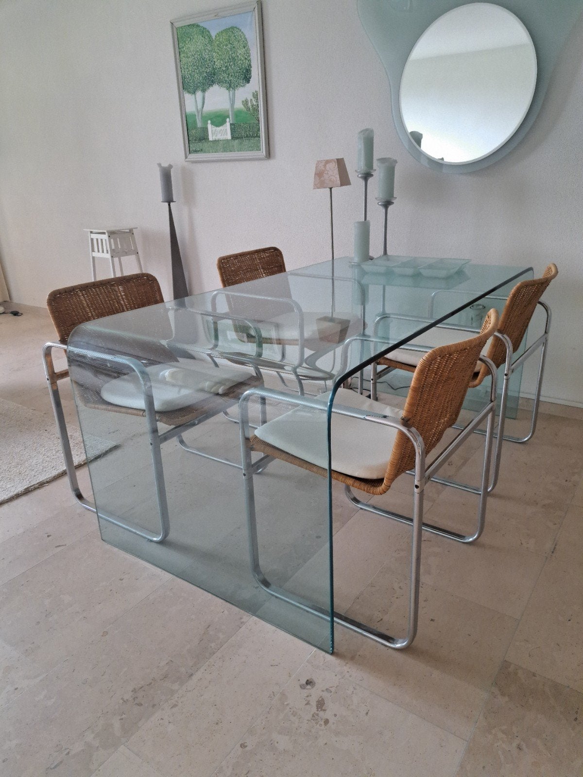 Glazen moderne eettafel met 4 rieten stoelen, Ophalen, Gebruikt, 100 tot 150 cm, Glas