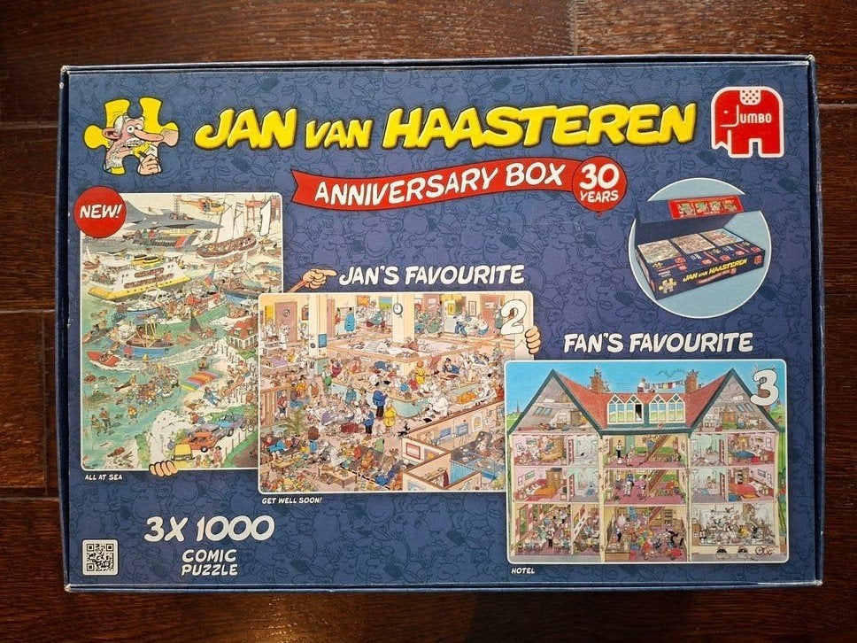 Jan van Haasteren Anniversary box, Hobby en Vrije tijd, Ophalen of Verzenden, 500 t/m 1500 stukjes, Zo goed als nieuw