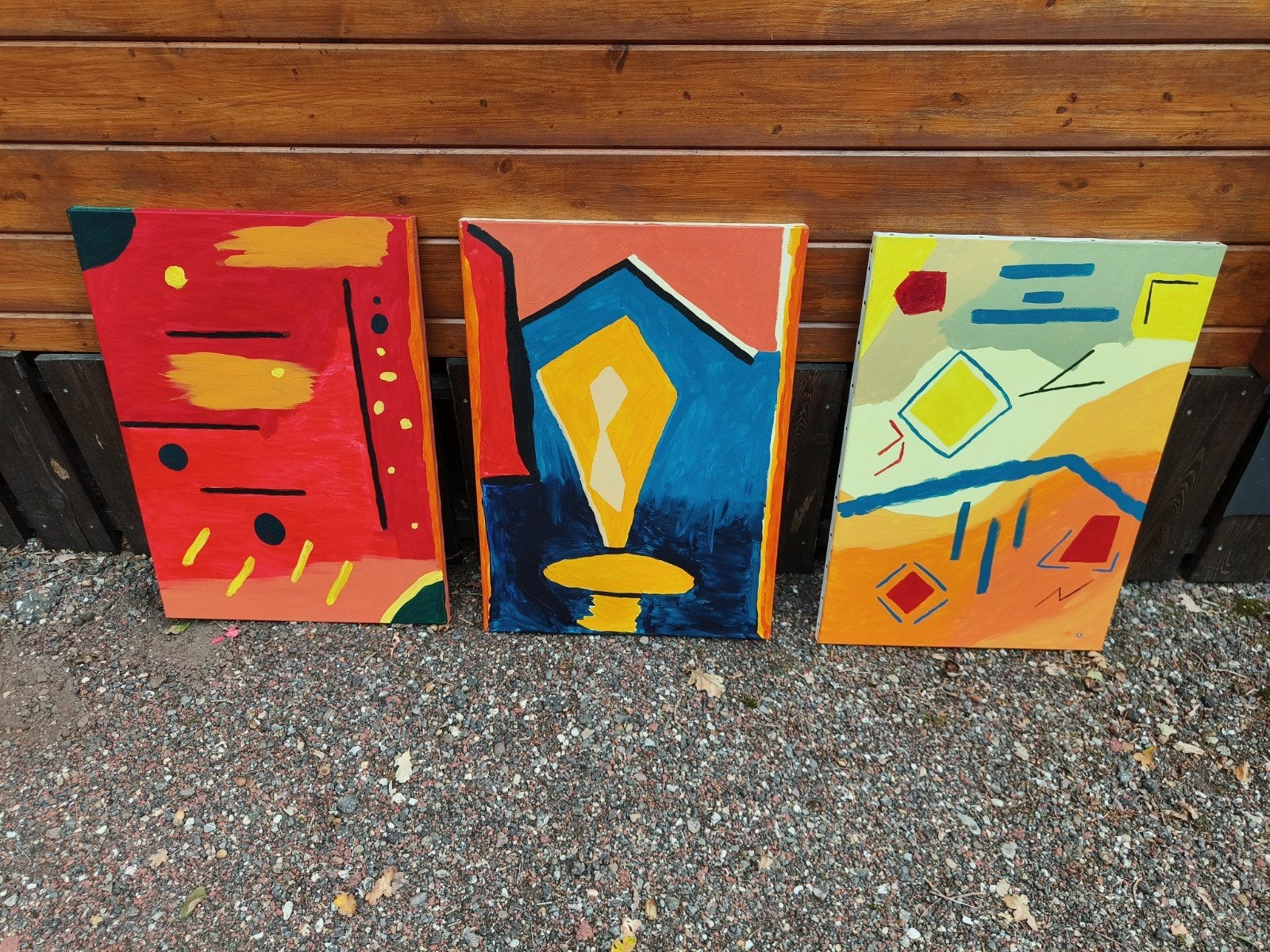 Set van 3 abstracte schilderijen, 50x70 cm, Ophalen of Verzenden