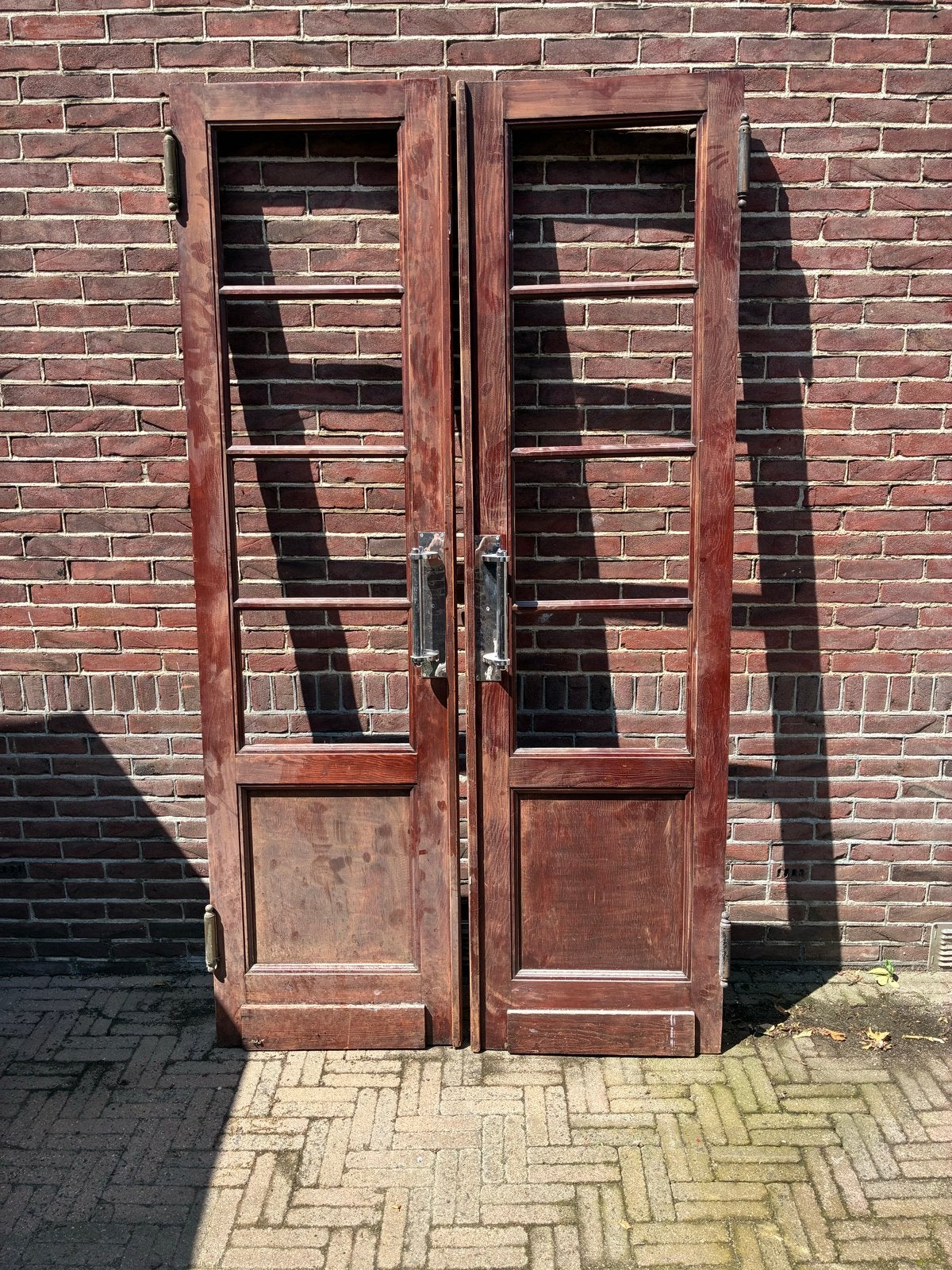 Set van twee antieke houten deuren met glas, Gebruikt, 80 tot 100 cm, 215 cm of meer, Binnendeur