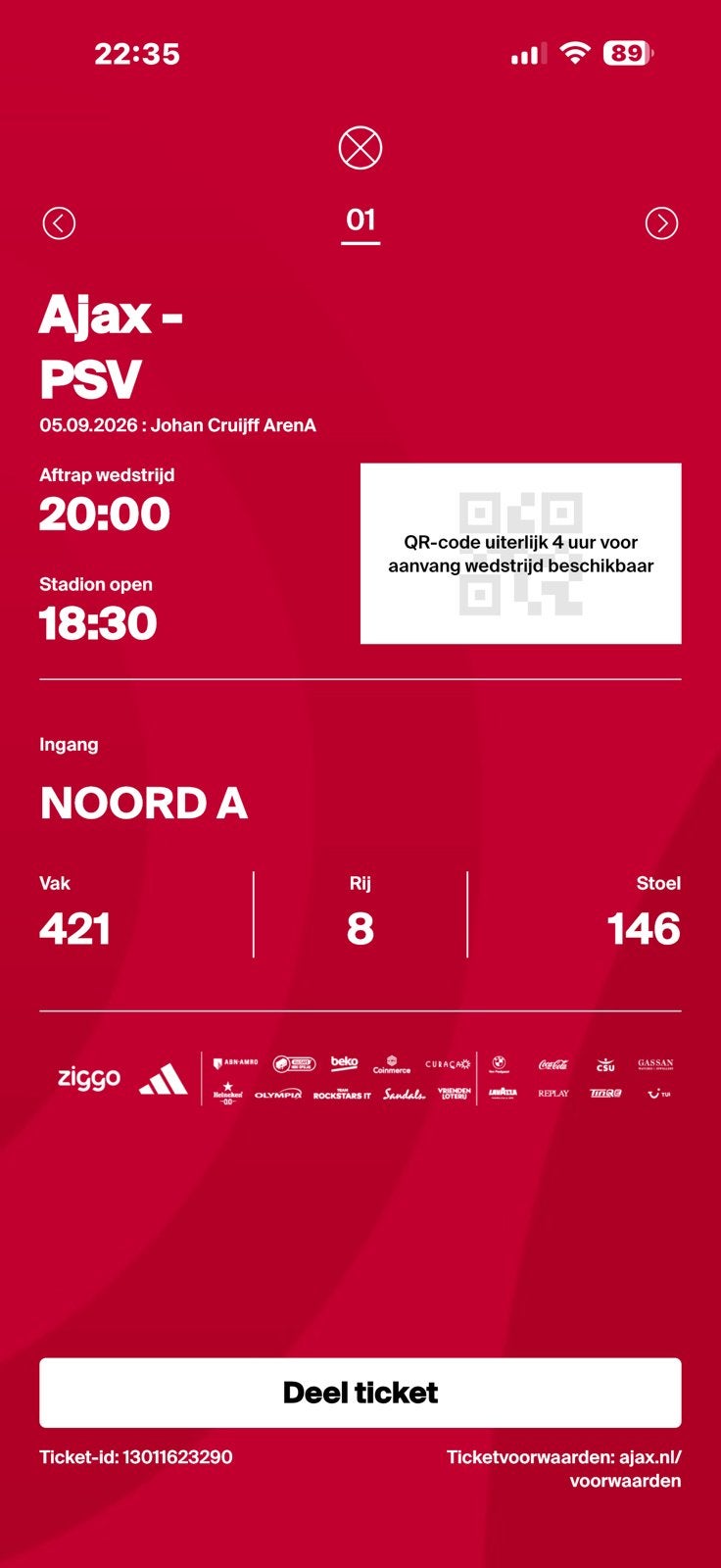 Ajax-psv vak 421, Tickets en Kaartjes, Sport | Voetbal, Eén persoon, Februari