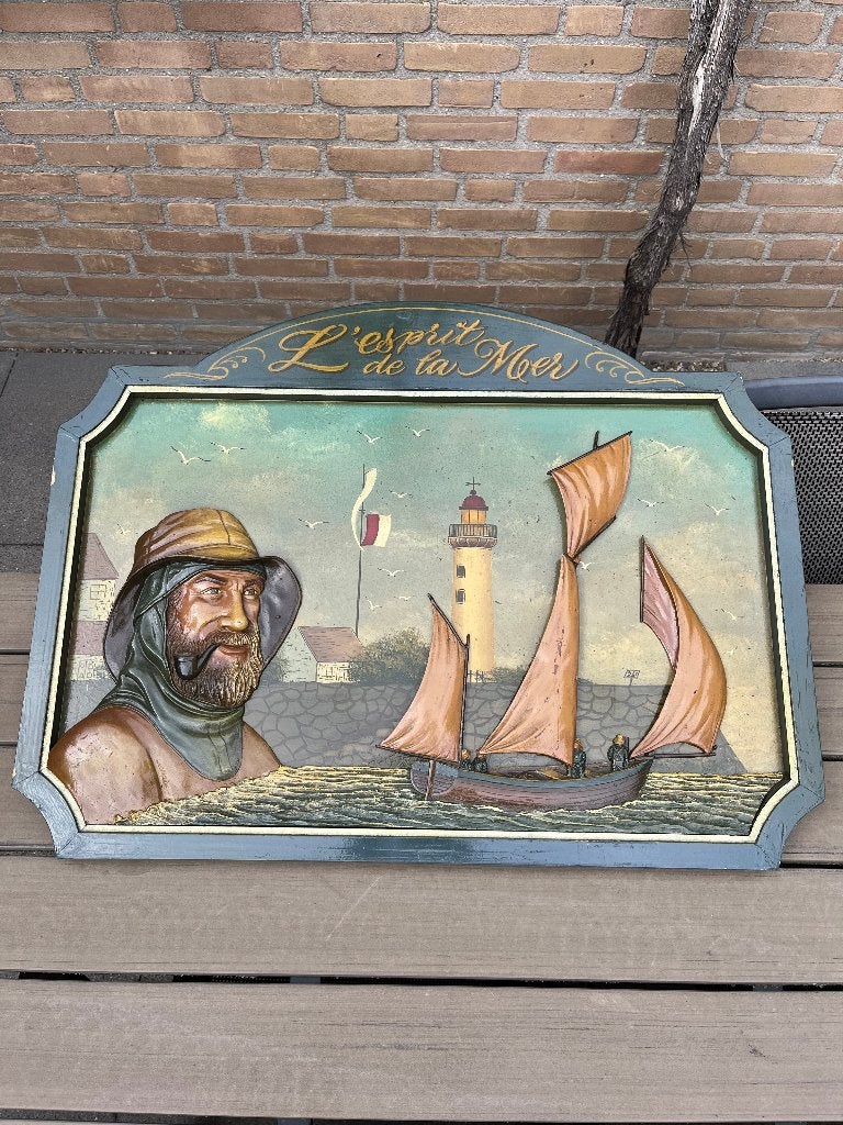 Handgesneden en beschilderd houten wandpaneel visser, Ophalen of Verzenden