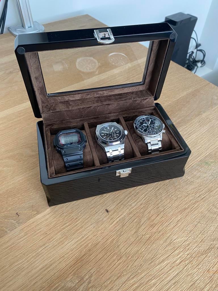 Luxe horloge opbergbox met glas voor 3 horloges, Ophalen of Verzenden, Zo goed als nieuw, Zwart
