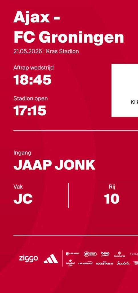 1 ticket: Ajax - FC Groningen, Tickets en Kaartjes, Losse kaart, Eén persoon, Mei, Europa of Champions League