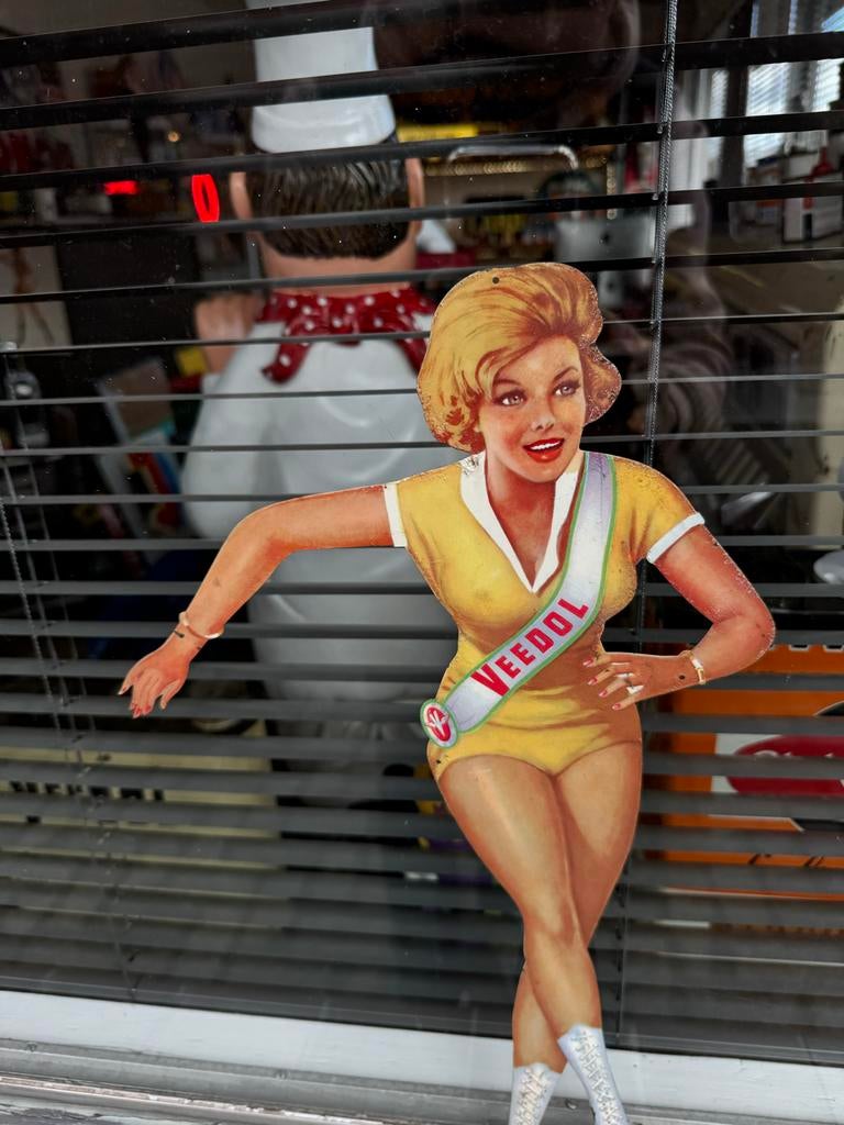 Vintage Veedol Olie Reclamebord - Pin-up Meisje, Ophalen, Reclamebord, Gebruikt, .