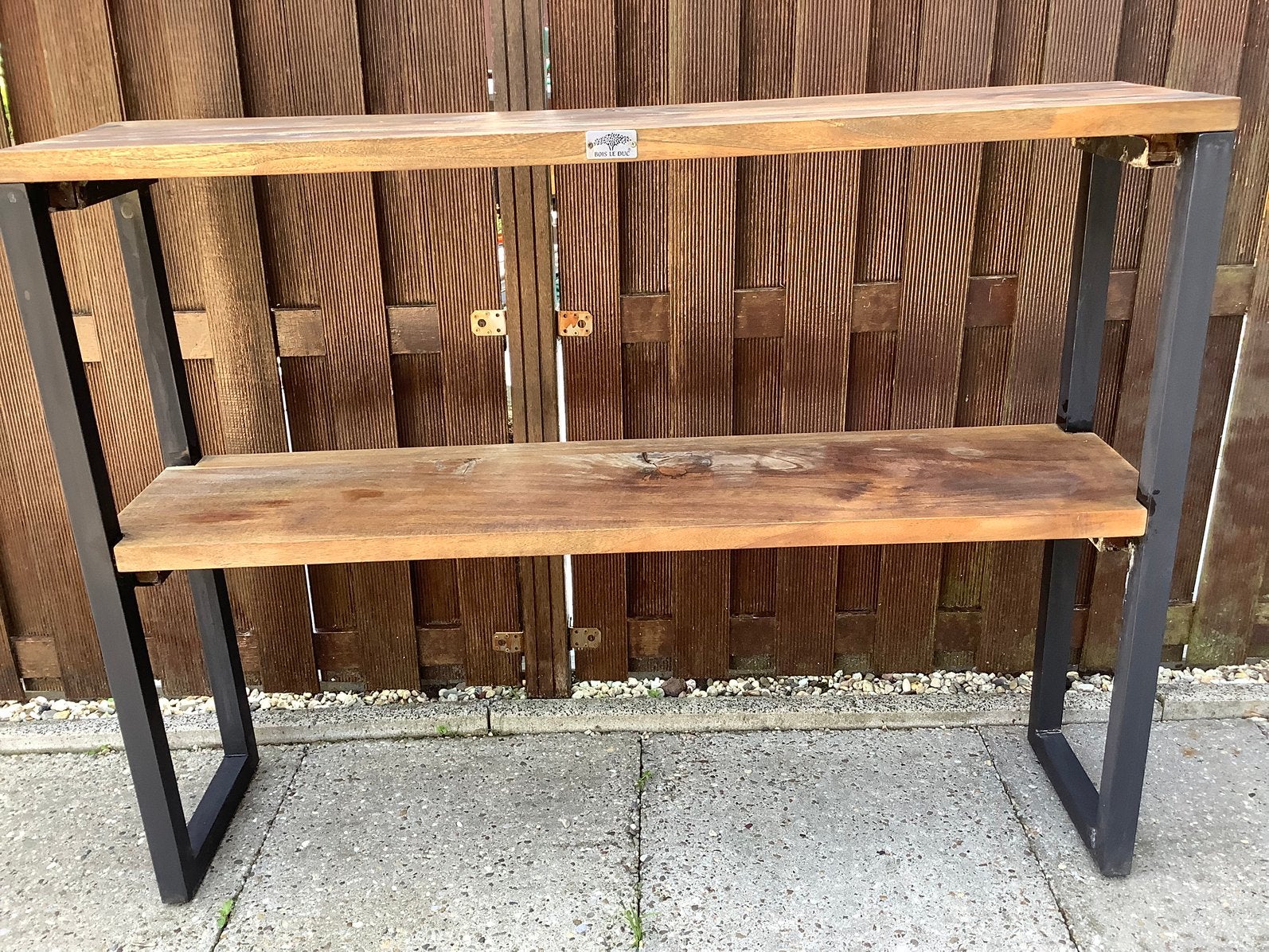 Sidetabel plantentafel tuintafel hout met zwart ijzer frame, Huis en Inrichting, Tafels | Sidetables, Ophalen, Gebruikt, 100 tot 150 cm